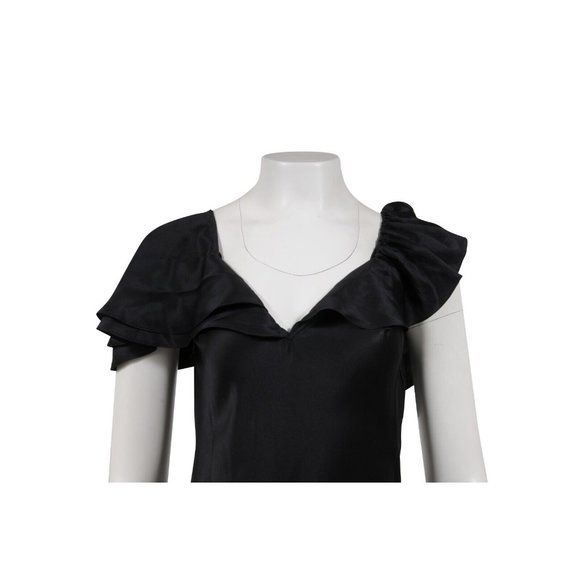 Saint Laurent Womens Maxi Dress Medium 38 Black Silk Ruffle Shoulder Side Split - Picture 2 of 14